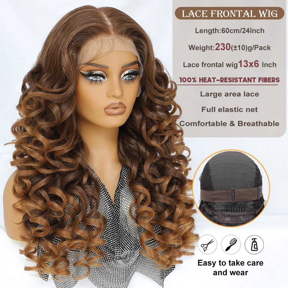 Latisha 13X6 HD Synthetic Lace Front Wigs Curly Pre Plucked Lace Frontal Wig with Bangs for Women Highlight with Babyhair 24Inch