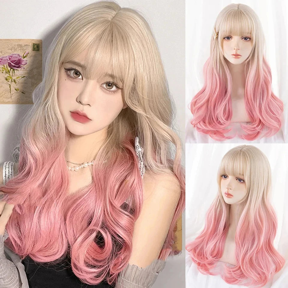 LM Long Body Wave Black And Gray Ombre Cosplay Wigs Heat Resistant Synthetic Wigs Bangs Natural Lolita Wigs For Women Halloween