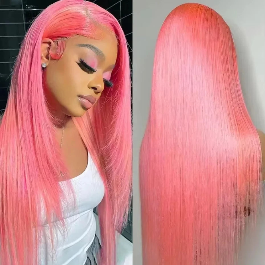 Colored Wigs Human Hair Full End 100% Pink Straight Transparent PrePlucked Brazilian HD Lace Frontal Wig 30 40 Inch For Women