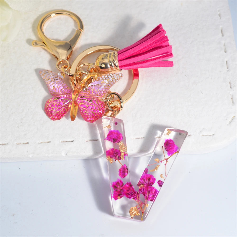 Exquisite Pink Dry Flower Resin 26 Initial Keychain Butterfly Tassel Pendant A to Z Keyring for Women Valentine's Day Gift