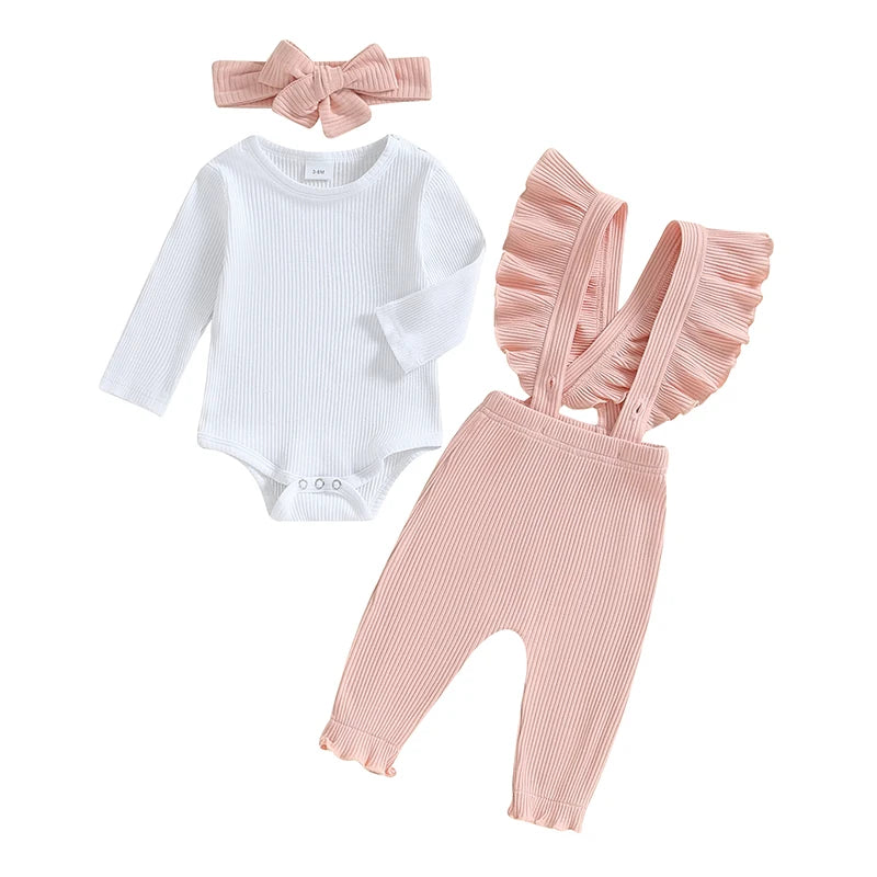 2024-05-31 Lioraitiin Baby Girl Ribbed Outfit, Long Sleeve Romper Ruffle Trim Overalls Bow Headband 3 Piece Set for Fall