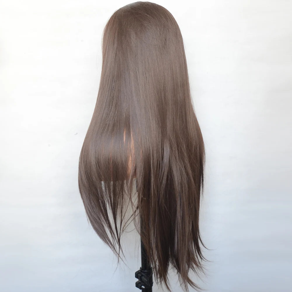 Voguebeauty Dark Brown Lace Front Wig 6# Silky Straight Synthetic Hair Natural Hairline for Women Cosplay Daily Wear