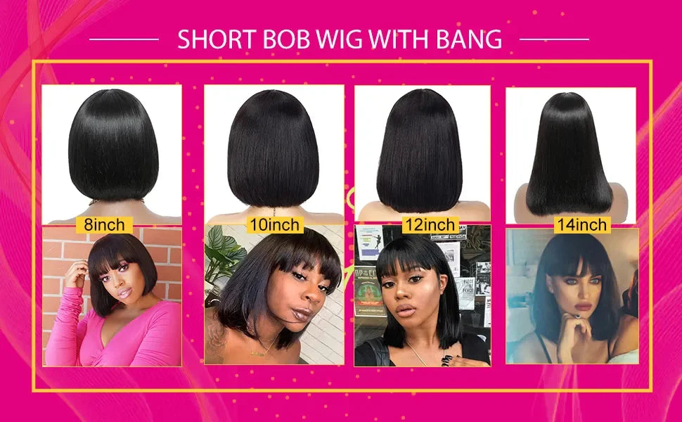 Peruvian Human Hair Wig with Bangs Virgin Straight Hair Bob Wigs Full Machine Made Wig For Women 8-16 Inches No Lace Bob Wigs