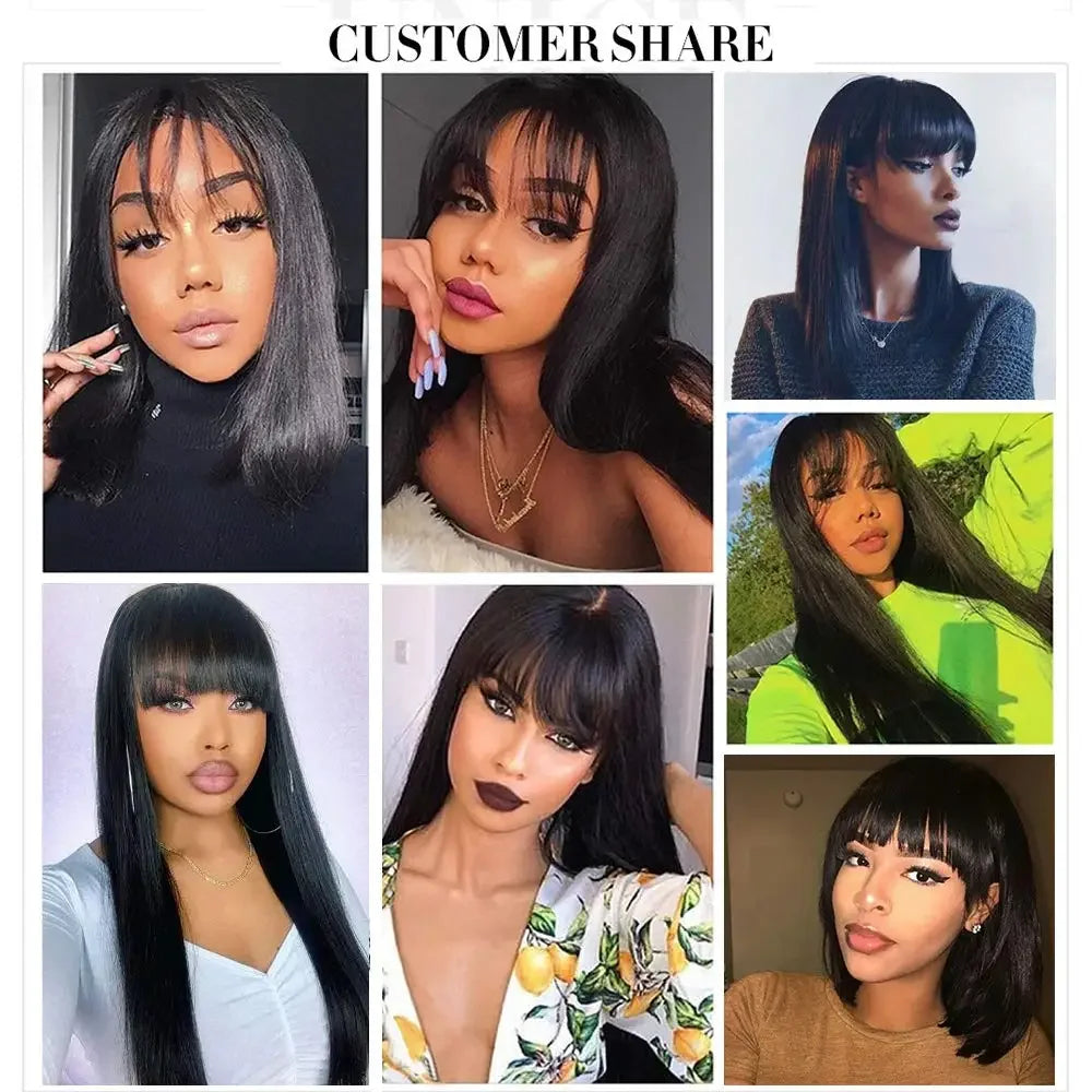 BAHW Peruvian Straight Full Machine Made Perruque with Bang Natural Color Human Hair Wig For Women Pre-Plucked Virgin Hair Wig