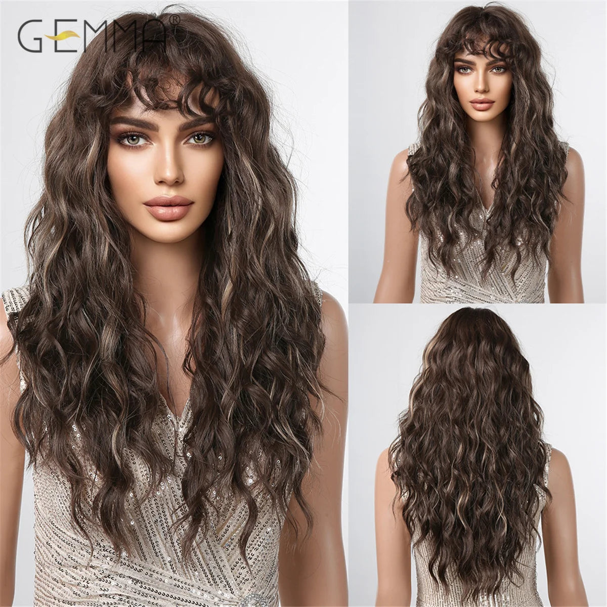 Long Wavy Light Ash Blonde Synthetic Wigs with Bangs for Women Natural Wave Cosplay Party Daily Use Hair Wigs Heat Resistant