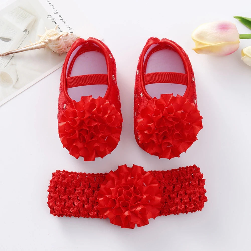 Newborn Baby Shoes Baptism Yellow Headband Baby Girl Lace Shoes Set Toddler Prewalker Cute Baby Soft Shoes for 0-12M Kids