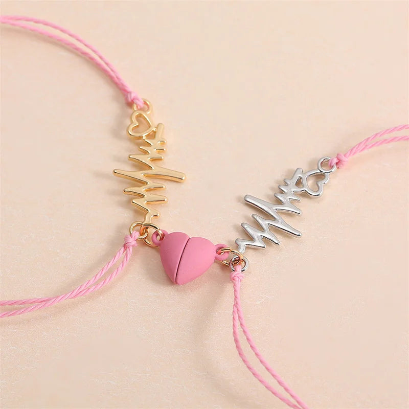 2 PC Magnetic Heart Bracelet Set for Women Couple Electrocardiogram ECG Rope Chain Friendship Valentine's Day Jewelry Charm Gift