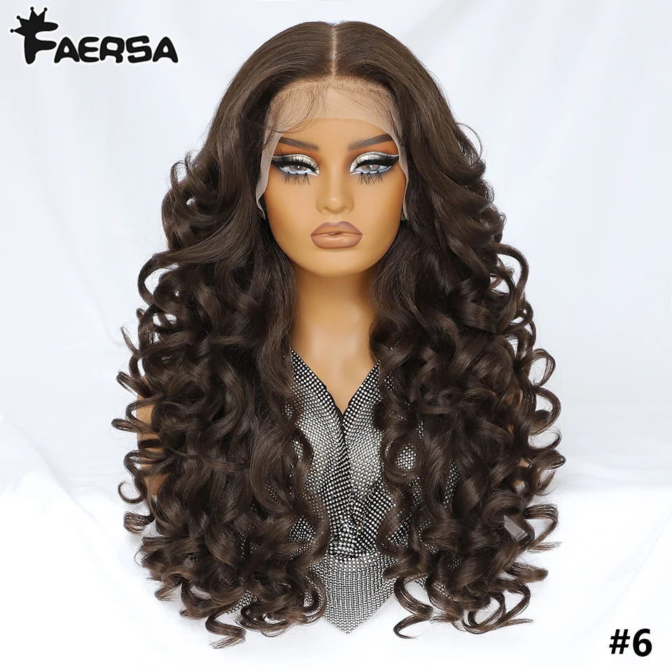 Latisha 13X6 HD Synthetic Lace Front Wigs Curly Pre Plucked Lace Frontal Wig with Bangs for Women Highlight with Babyhair 24Inch