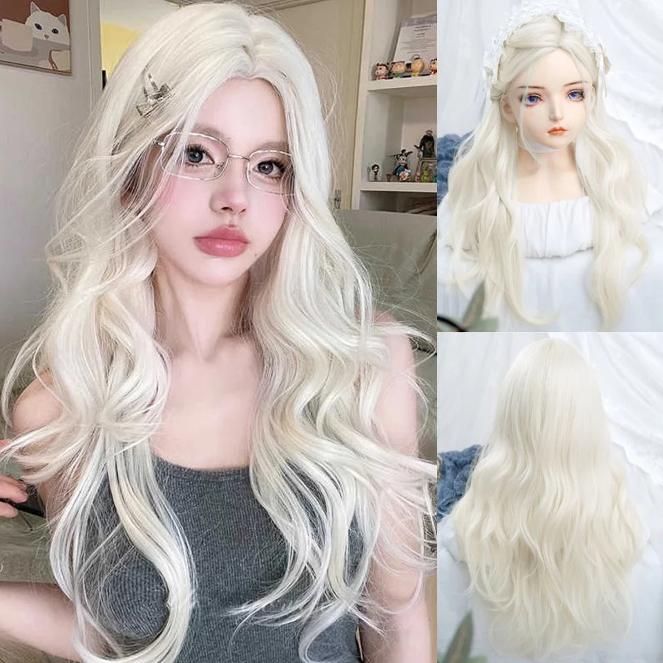 LM Long Body Wave Black And Gray Ombre Cosplay Wigs Heat Resistant Synthetic Wigs Bangs Natural Lolita Wigs For Women Halloween