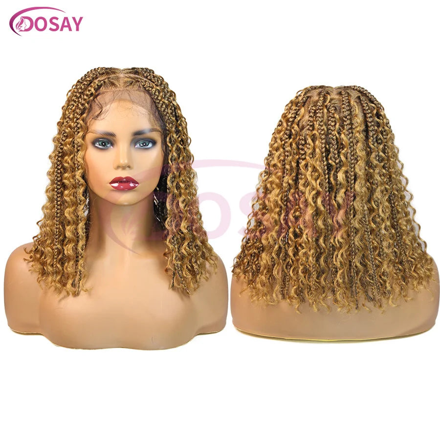 Short 12 Inch Bohemian Curly Braided Full Lace Front Wigs Knotless Box Braid Bob Wig Women Synthetic Locs Goddess Cornrow Braids