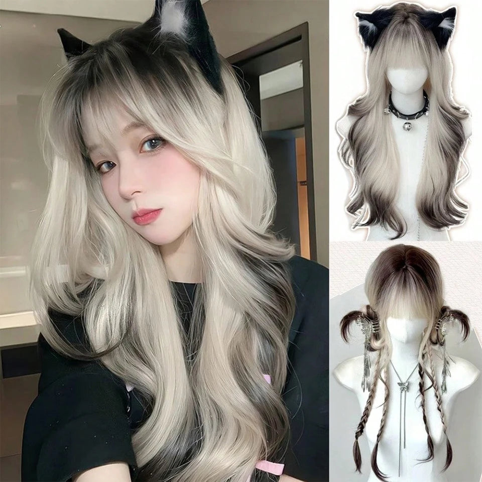 LM Long Body Wave Black And Gray Ombre Cosplay Wigs Heat Resistant Synthetic Wigs Bangs Natural Lolita Wigs For Women Halloween