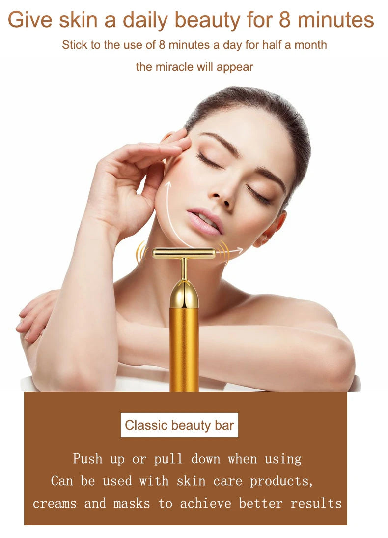 Portable Energy Electric Beauty Bar Waterproof 24K Gold Pulse Firming Massager Roller Facial Eye Pouch Remover Face Care Tool