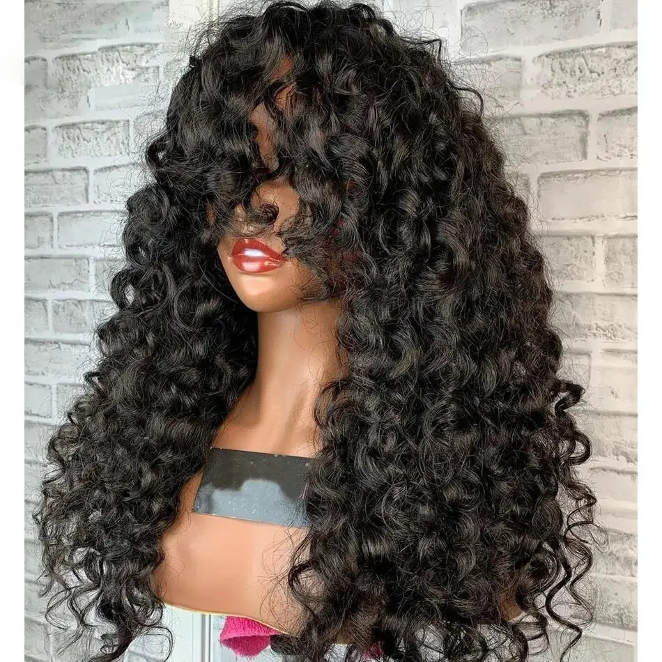 Kinky Curly Wigs With Bangs Full Machine Made Wigs Virgin Hair Peruvian Long Curly Human Hair Wigs Natural Black Non Lace