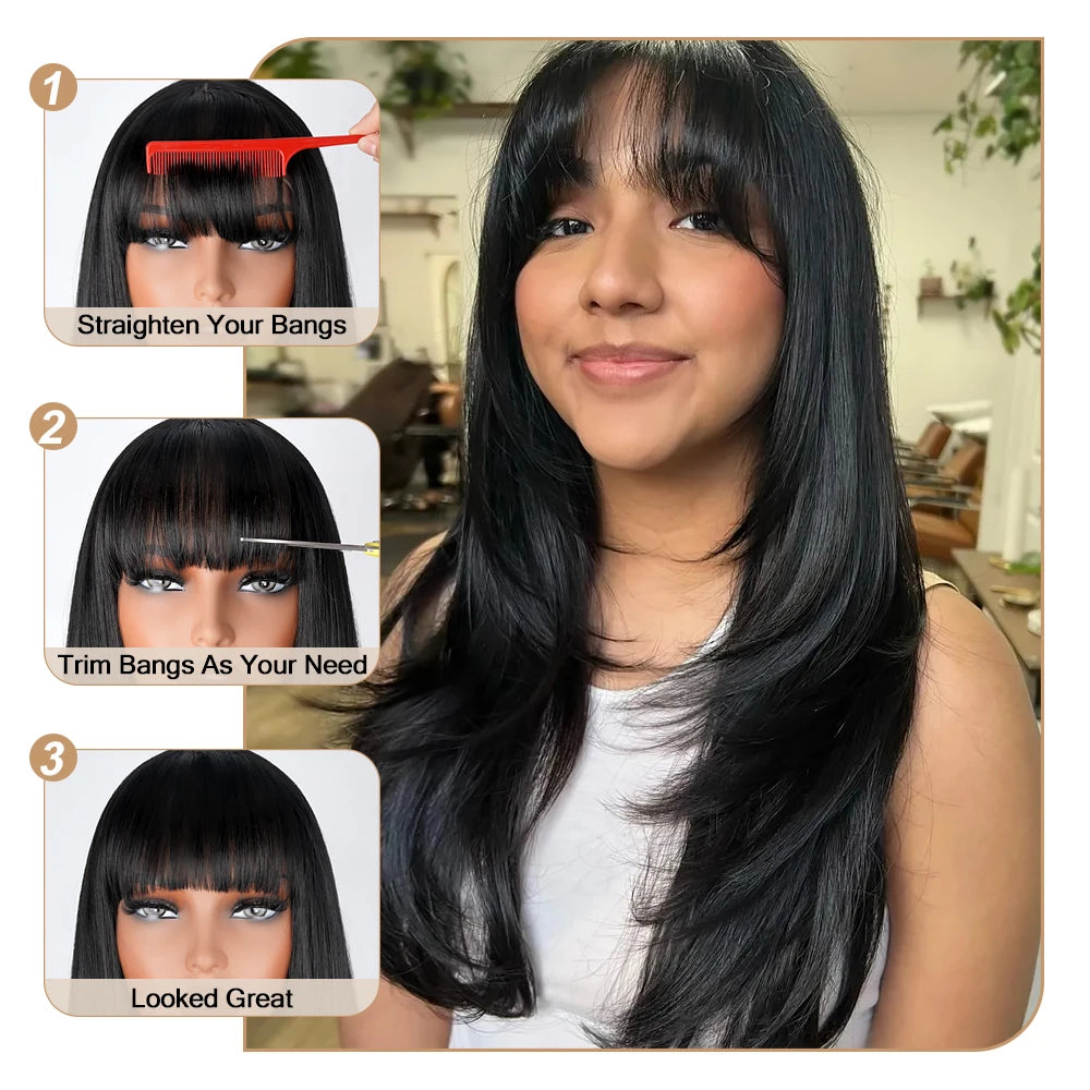 Straight Layered Cut Wigs with Bangs HD Lace Fake Scalp Synthetic Natural Layered Lace Wig For Women Glueless Heat Resistant Wig