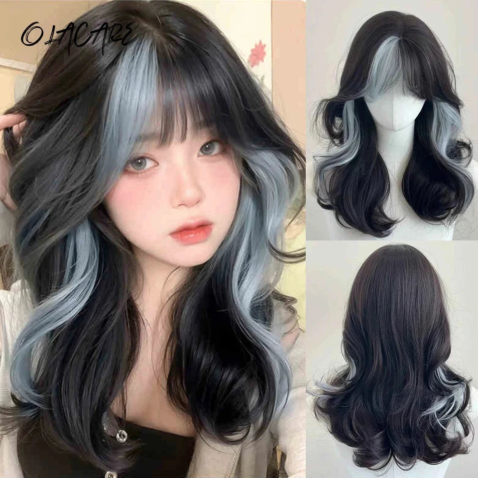 LM Long Body Wave Black And Gray Ombre Cosplay Wigs Heat Resistant Synthetic Wigs Bangs Natural Lolita Wigs For Women Halloween