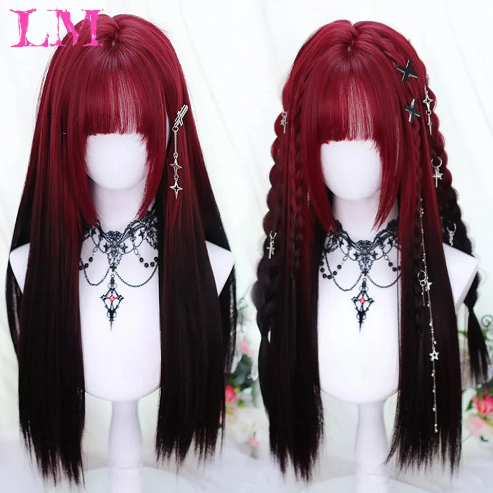 LM Cosplay Wig With Bangs Synthetic Straight Hair 24 Inch Long Heat-Resistant Pink Wig For Women