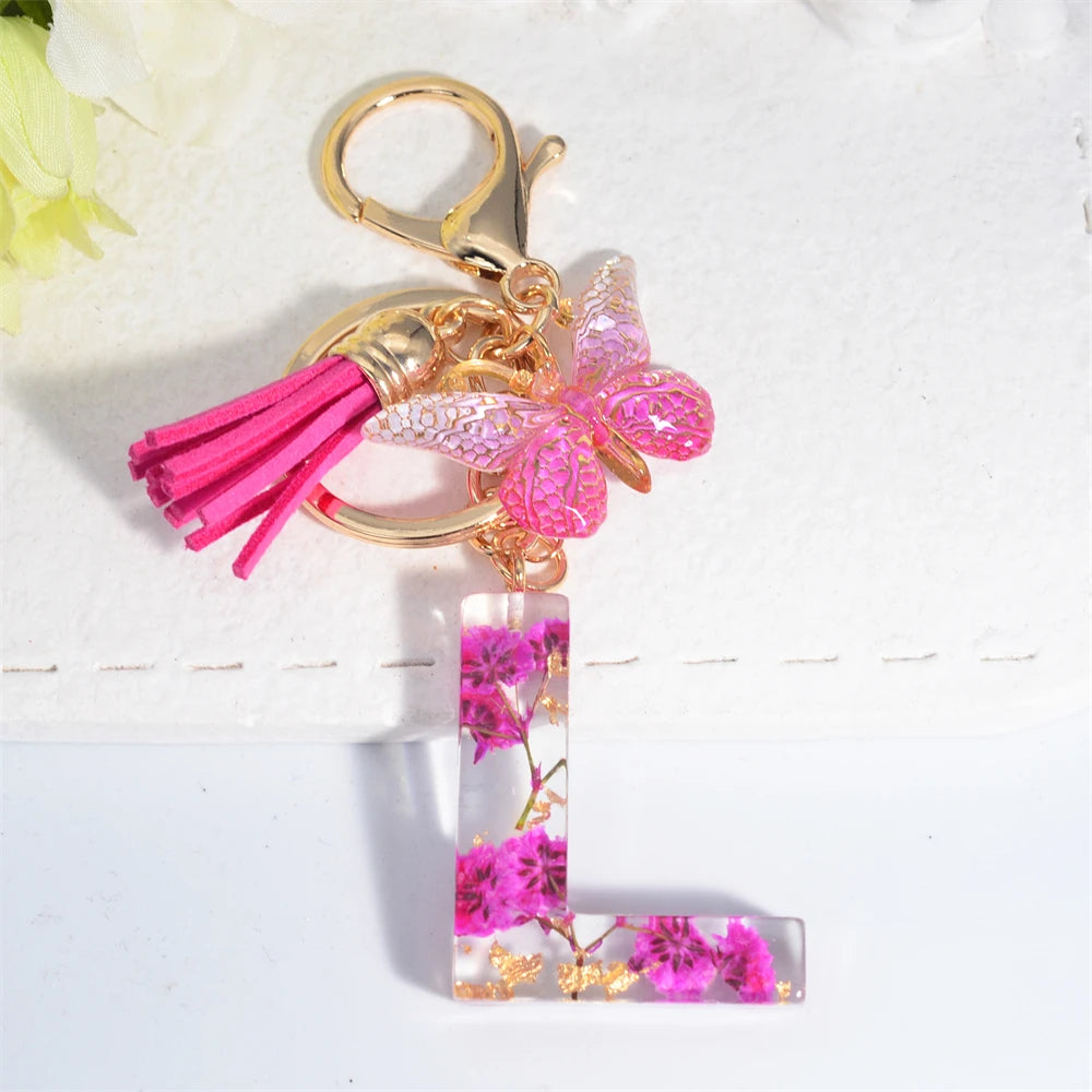 Exquisite Pink Dry Flower Resin 26 Initial Keychain Butterfly Tassel Pendant A to Z Keyring for Women Valentine's Day Gift