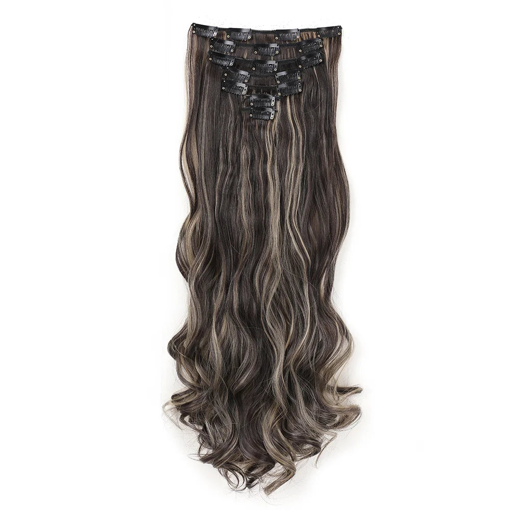 22Inch Long Body Wave Clip in Hair Extension Hairstyle 16 Clips 7Pcs/Set Synthetic Black Brown Hairpieces For Women