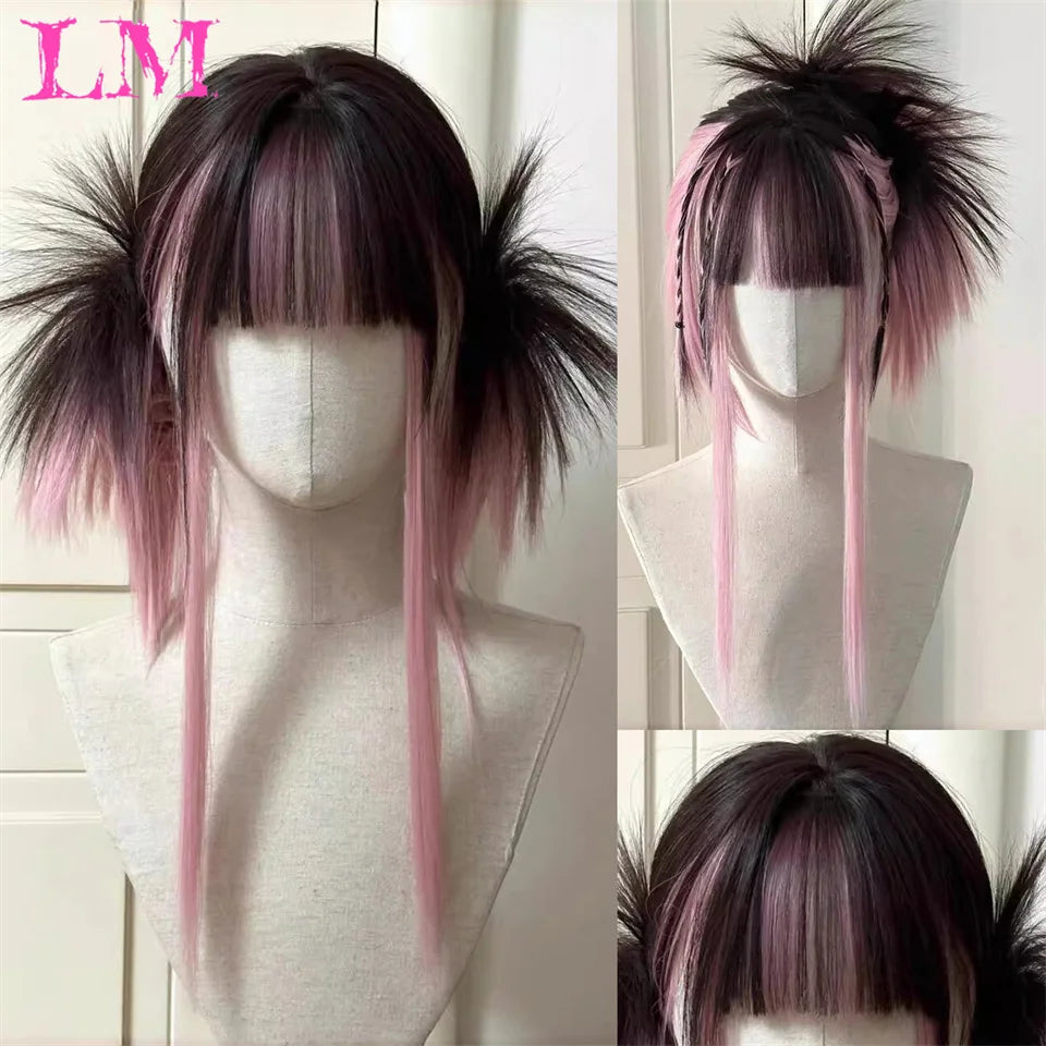 Pink Short Bob Straight Synthetic Wig with Bangs for Cosplay Lolita Fake Hair for White Women Party Natural Wig High Temperature