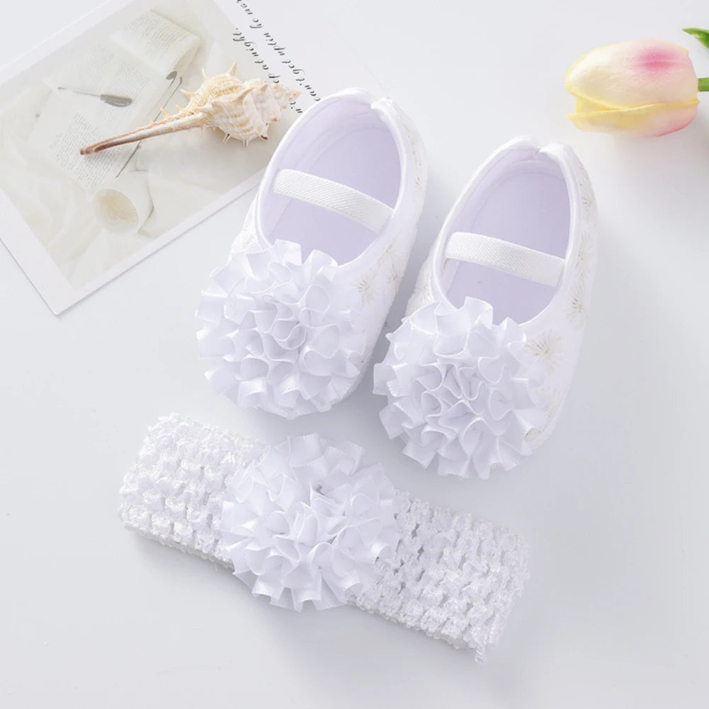 Newborn Baby Shoes Baptism Yellow Headband Baby Girl Lace Shoes Set Toddler Prewalker Cute Baby Soft Shoes for 0-12M Kids