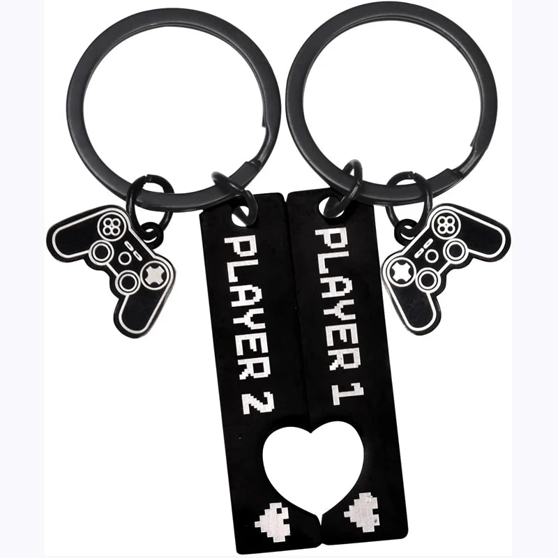 Cute Gamer Couple Key Chain for Him and Her, Valentine's Day Gifts for Boyfriend Girlfriend, Player 1 Player 2 Matching Keychain