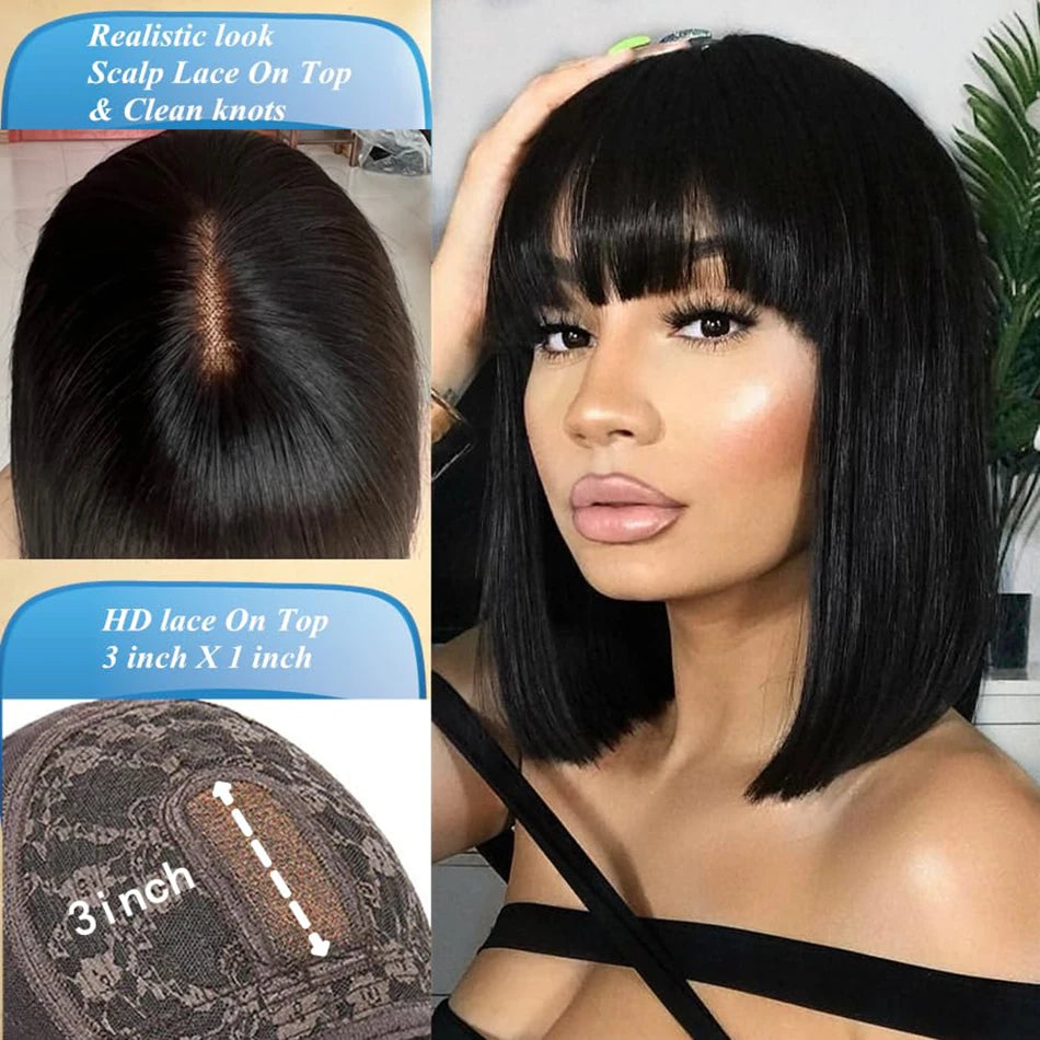 Wiggogo 3X1 Middle Part Lace Wig 100% Straight Human Hair Wig With Bangs Full Machine Made Straight Human Hair Wigs For Women