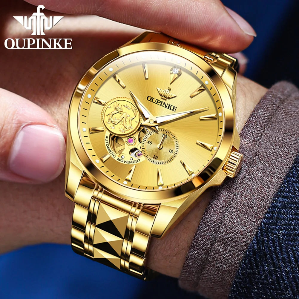 OUPINKE Luxury Top Brand Real Gold Dragon Watch Real Diamond Men's Chronograph Wristwatch Automatic Mechanical Luminous