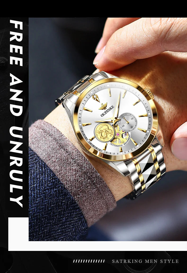 OUPINKE Luxury Top Brand Real Gold Dragon Watch Real Diamond Men's Chronograph Wristwatch Automatic Mechanical Luminous