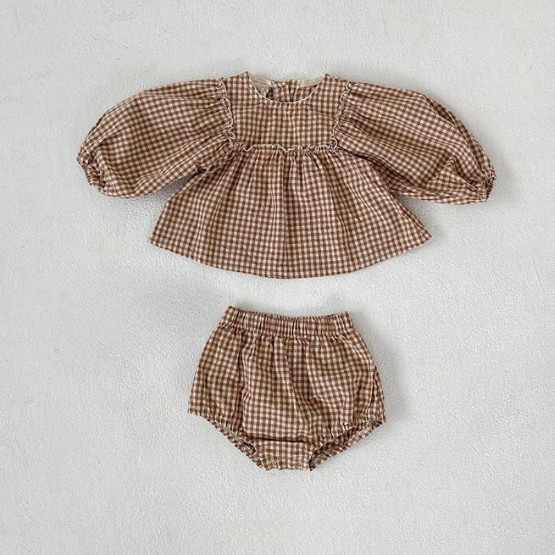 Spring Toddler Baby Girls Set Cotton Plaid Blouse and Shorts Sets for Kids Infant Outfits