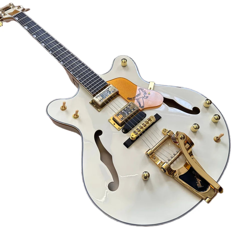 Milk-White Hollow Body Jazz Electric Guitar, Rosewood Fingerboard, Gold Hardware, Tremolo Bridge, Free Shipping