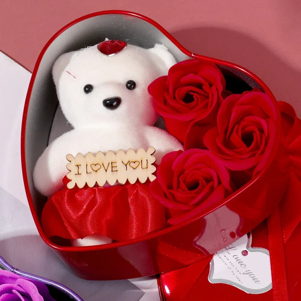 Bear Rose Gift Box Valentines Day Flower Love Box Bears Bouquet Wedding Birthday Home Party Decoration Gift for My Girlfriend