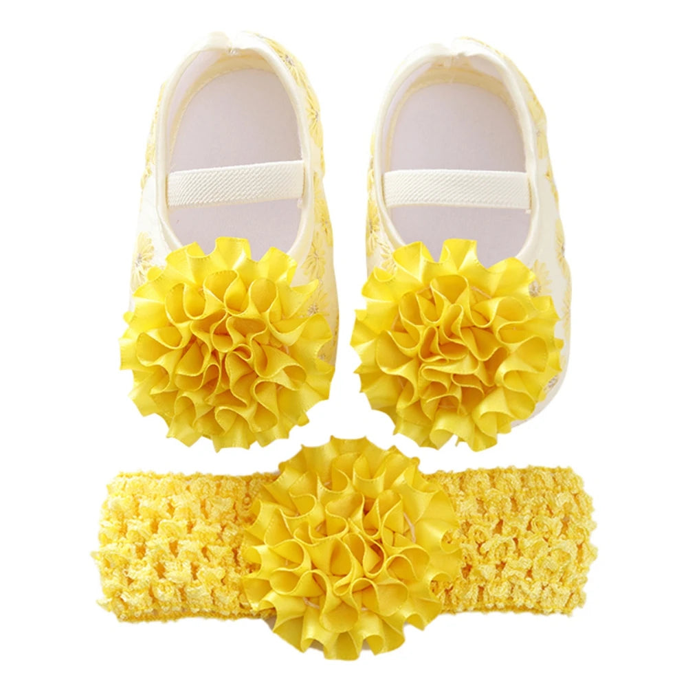 Newborn Baby Shoes Baptism Yellow Headband Baby Girl Lace Shoes Set Toddler Prewalker Cute Baby Soft Shoes for 0-12M Kids