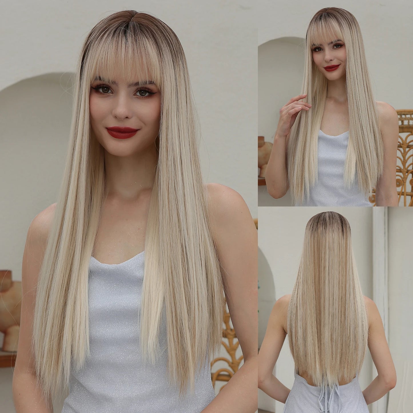 Blonde Golden Synthetic Wigs Long Straight Hair Natural Wig for Women Middle Part Wigs Cosplay Party Heat Resistant Fake Hair