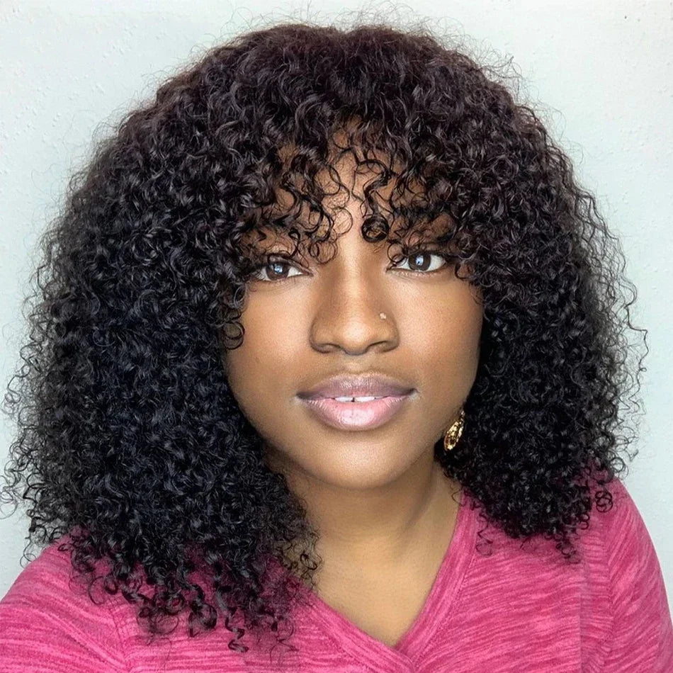 Kinky Curly Wigs With Bangs Full Machine Made Wigs Virgin Hair Peruvian Long Curly Human Hair Wigs Natural Black Non Lace