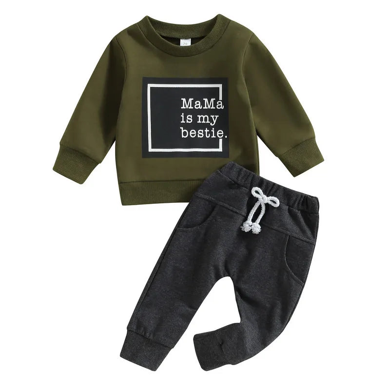 Newborn Baby Boy Pant Sets 2Pcs Outfits Autumn Clothes Long Sleeve Letter Pullover Tops and Pocket Pants Baby Items Clothing