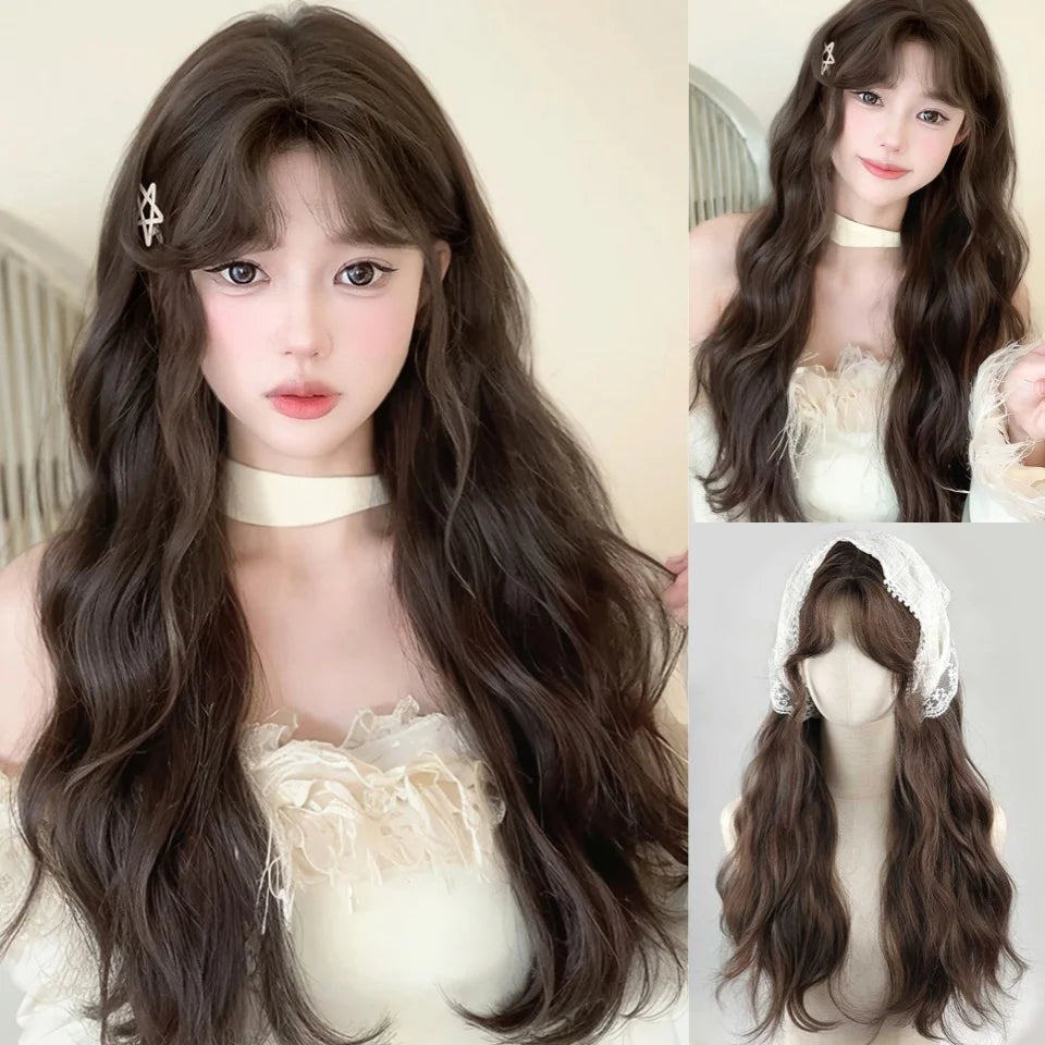 LM Long Body Wave Black And Gray Ombre Cosplay Wigs Heat Resistant Synthetic Wigs Bangs Natural Lolita Wigs For Women Halloween