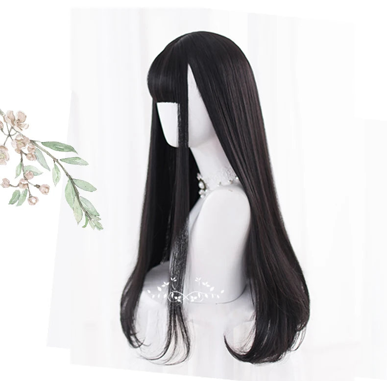 AS Long Straight Black Synthetic Wig For Woman With Bangs black Cosplay Lolita Wigs Heat Resistant Natural Hair