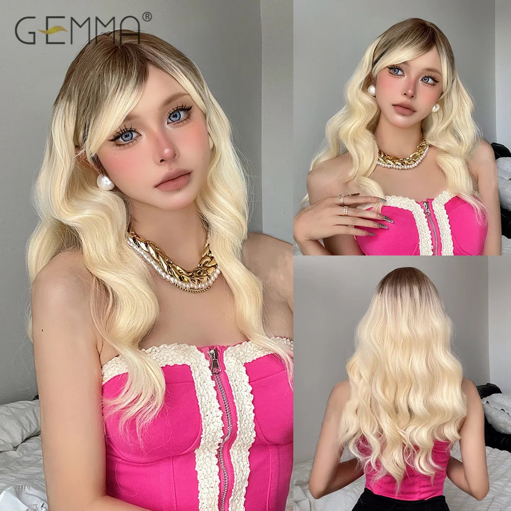 Long Wavy Light Ash Blonde Synthetic Wigs with Bangs for Women Natural Wave Cosplay Party Daily Use Hair Wigs Heat Resistant