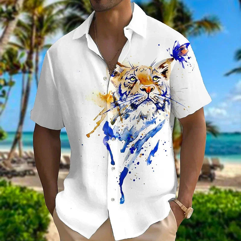 2023 NEW Spring And Autumn 3D Color Splash Parrot Print men's long-sleeved Shirt Solid Color Stand Collar Casual Style Plus Size