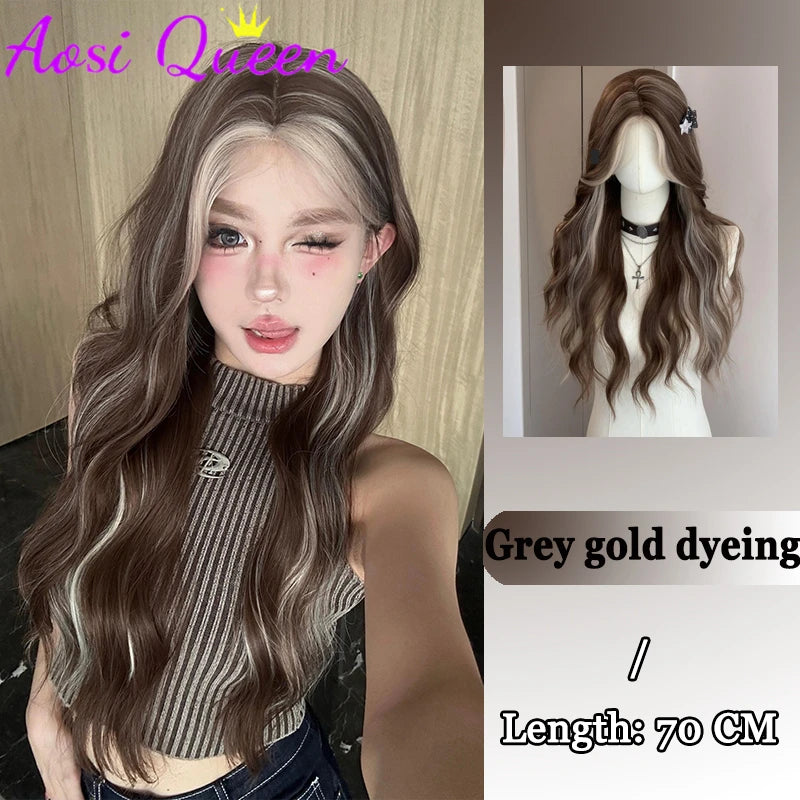 AosiQueen Brown Blonde Long Wavy Synthetic Wigs Middle Part Natural Wig Heat Resistant Cosplay Party Daily Hair Wig for Women