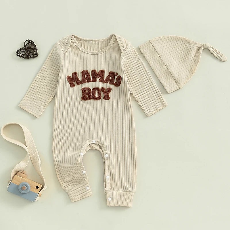 Baby Clothing Boy Bodysuits Letter Embroidered Ribbed Long Sleeve Fall Jumpsuits Hat Outfits Newborn Clothes