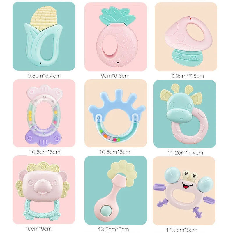 6-14Pcs Baby Rattle 0-12 Months Newborn Soft Bell Teethers Hand Shaking Crib Mobile Ring Educational Toy For Children Set Gifts