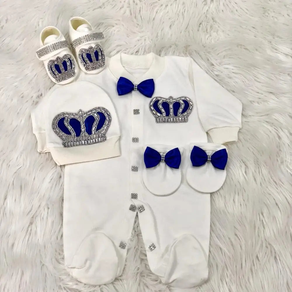 Dollbling Royal Bling Jewelry Crown Gift Clothing Sets Welcome Home Baby Rompers Mittens Bonnet Pajamas Outfit 4pcs Layette