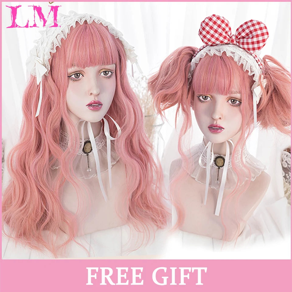 Pink Short Bob Straight Synthetic Wig with Bangs for Cosplay Lolita Fake Hair for White Women Party Natural Wig High Temperature