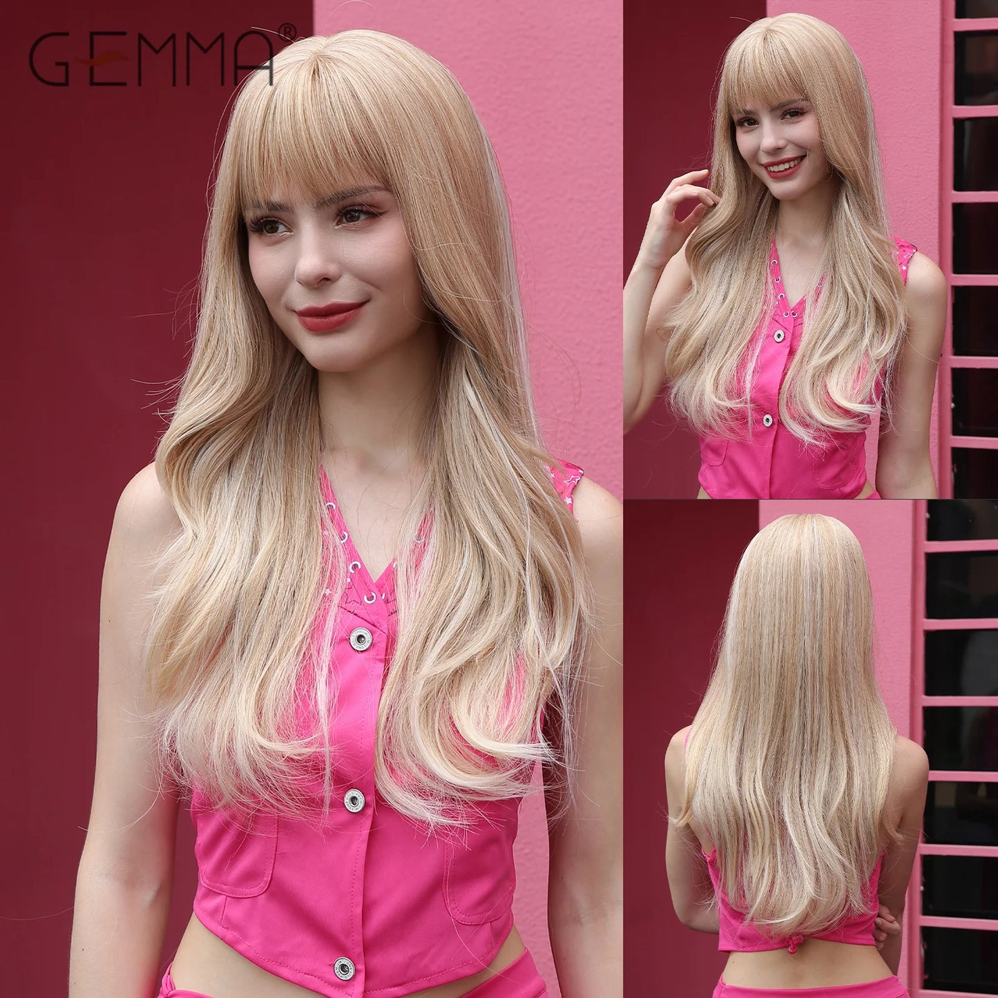 Long Wavy Light Ash Blonde Synthetic Wigs with Bangs for Women Natural Wave Cosplay Party Daily Use Hair Wigs Heat Resistant