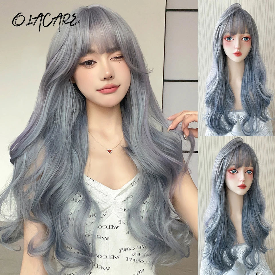 LM Long Body Wave Black And Gray Ombre Cosplay Wigs Heat Resistant Synthetic Wigs Bangs Natural Lolita Wigs For Women Halloween