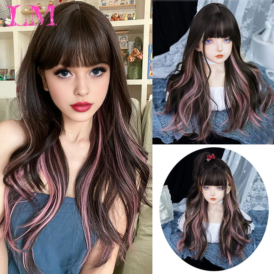 LM Cosplay Wig With Bangs Synthetic Straight Hair 24 Inch Long Heat-Resistant Pink Wig For Women