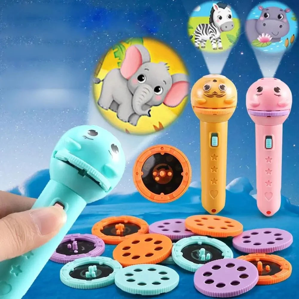 Children's cartoon animal pattern hand-held projection lamp, early education educational children's flashlight, safety material