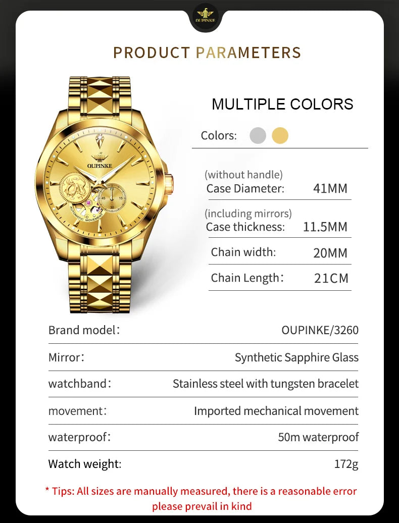 OUPINKE Luxury Top Brand Real Gold Dragon Watch Real Diamond Men's Chronograph Wristwatch Automatic Mechanical Luminous