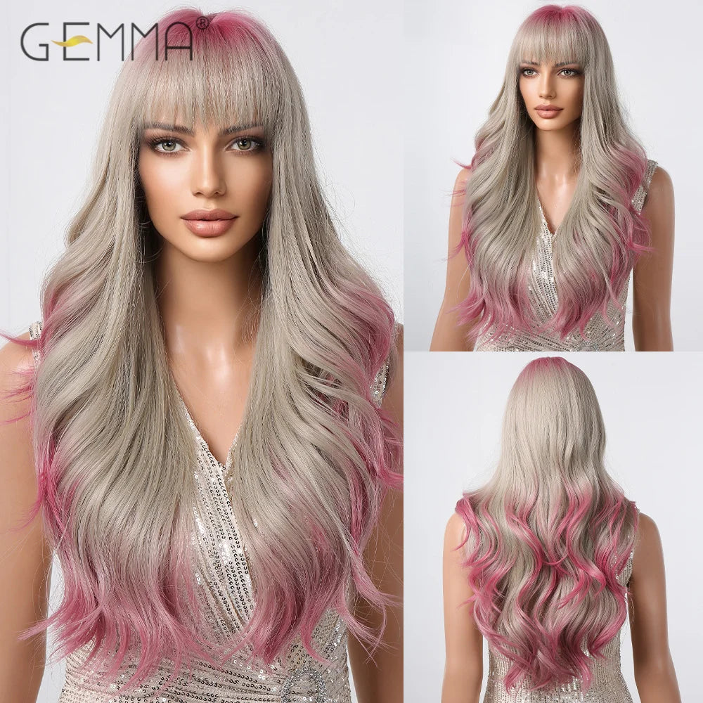 Long Wavy Light Ash Blonde Synthetic Wigs with Bangs for Women Natural Wave Cosplay Party Daily Use Hair Wigs Heat Resistant